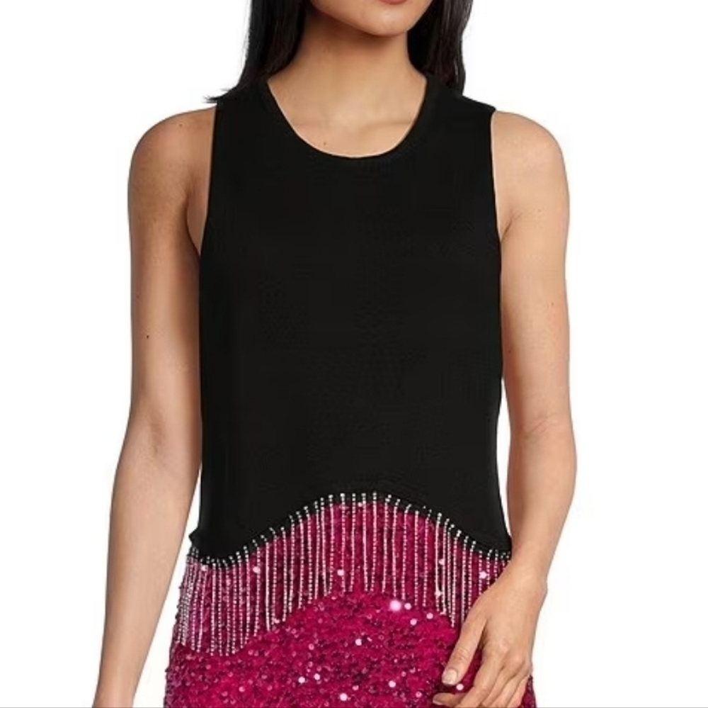 Evolutionary Black Rhinestone Fringe Sleeveless Knit Tank Top Size L